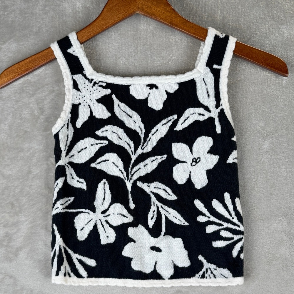 Abercrombie Kids Black White Floral Knit‎ Sweater Tank Top Scallop Trim Size 7/8
